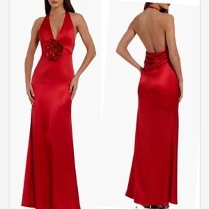 Mac Duggal Red Fitted Satin Sleeveless Halter Gown With 3D Flower Sz 2 NEW